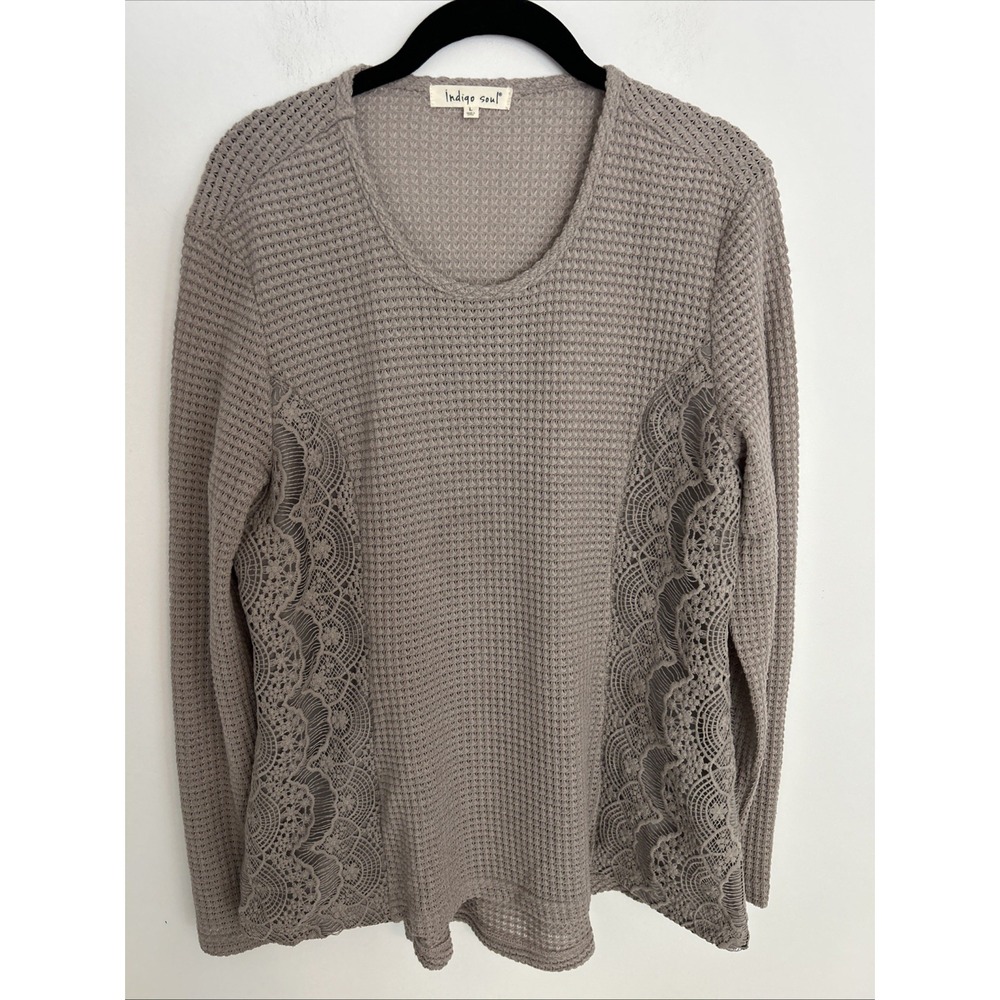 Indigo Soul Women's Large Taupe‎ Crochet Lace Mesh Long Sleeve Ruffle Top